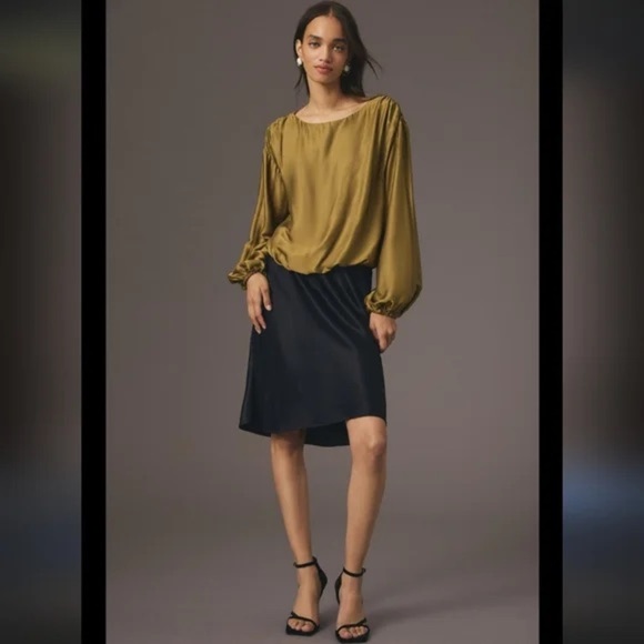 ANTHROPOLOGIE Silky Balloon Sleeve Gold Green Blouse Medium - Picture 10 of 10